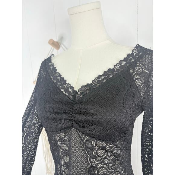 Good Luck Gem Black Sheer Lace Long Sleeve Blouse Womens Large Witchy Gothic - Picture 4 of 9